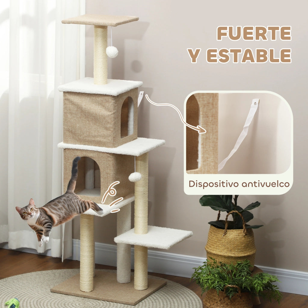 Albero tiragraffi per gatti con 2 tane e piattaforme ¨C Minimal ¨C 140 cm marrone chiaro