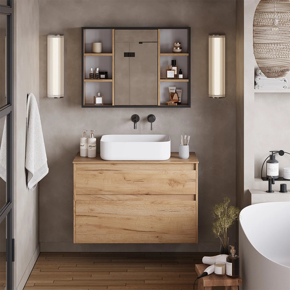 Vicco Specchio contenitore bagno Quercia dorata 80 x 59.2 cm Con ripiani e porta a specchio