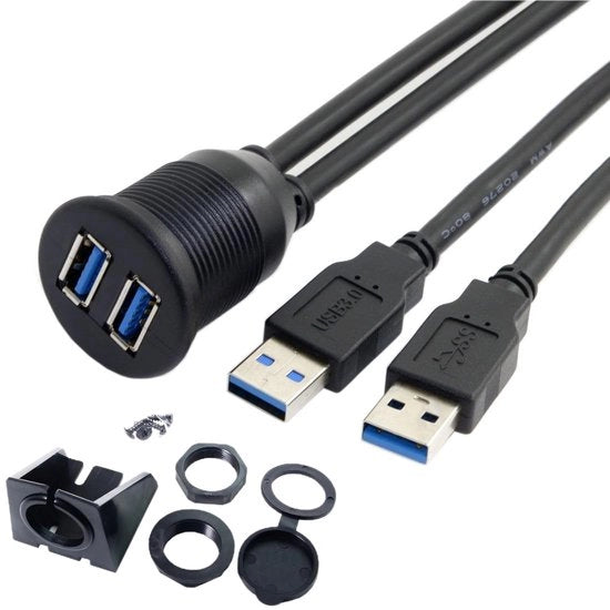 Cavo USB 3.0 a doppio ingresso - Estensione autoadesiva - 2m - Impermeabile - Adatto per dashboard - Elevate prestazioni - Nero