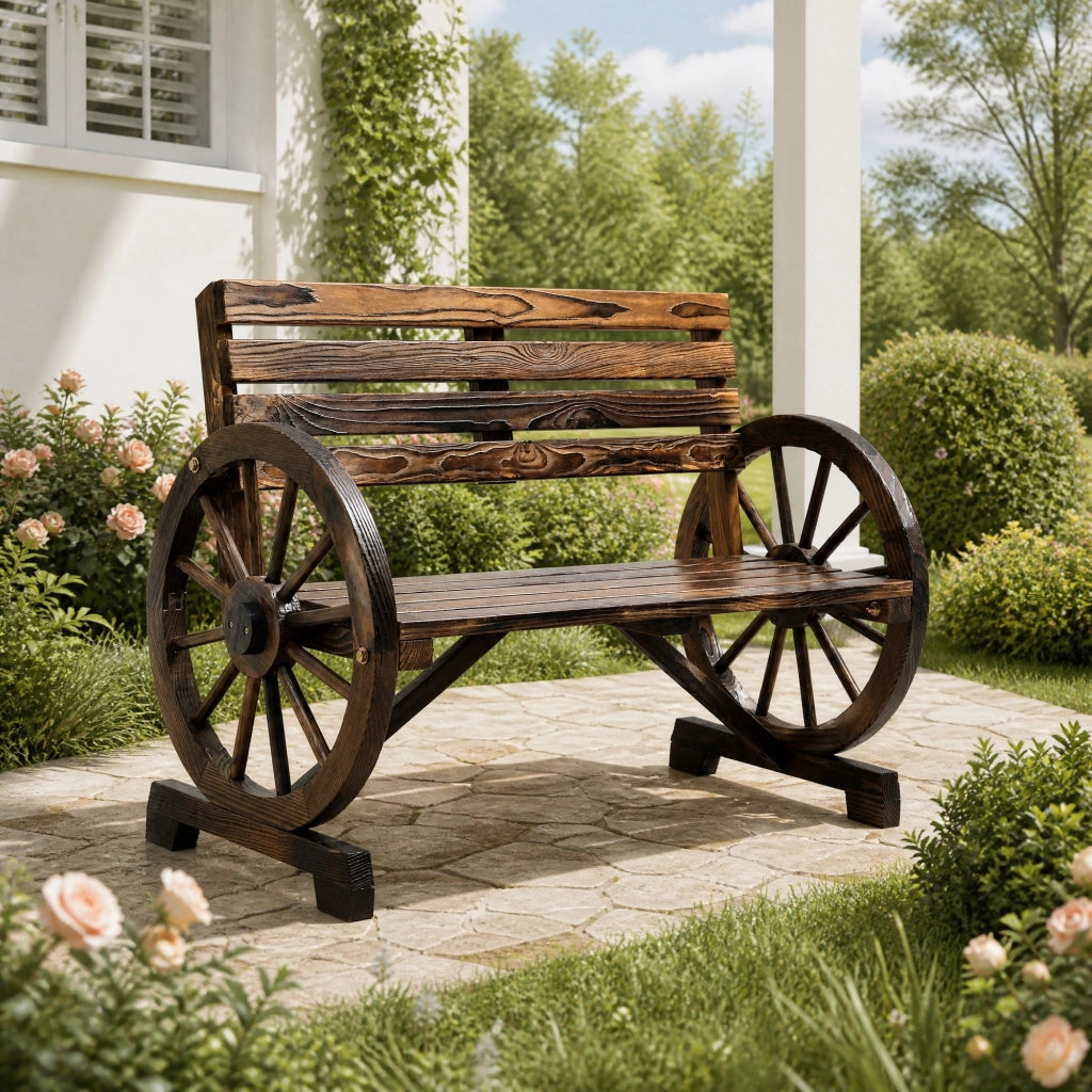 Panca da giardino a 2 posti in legno di abete; stile rustico con braccioli effetto ruota; marrone; 105;5x56x79 cm