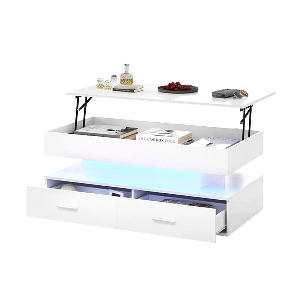Tavolino da Caff¨¨ Regolabile in Altezza con LED e Cassetti ¨C MINIMAL ¨C Bianco