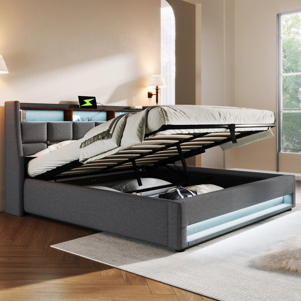LETTO Imbottito 140x200 cm Grigio in lino con LED e USB