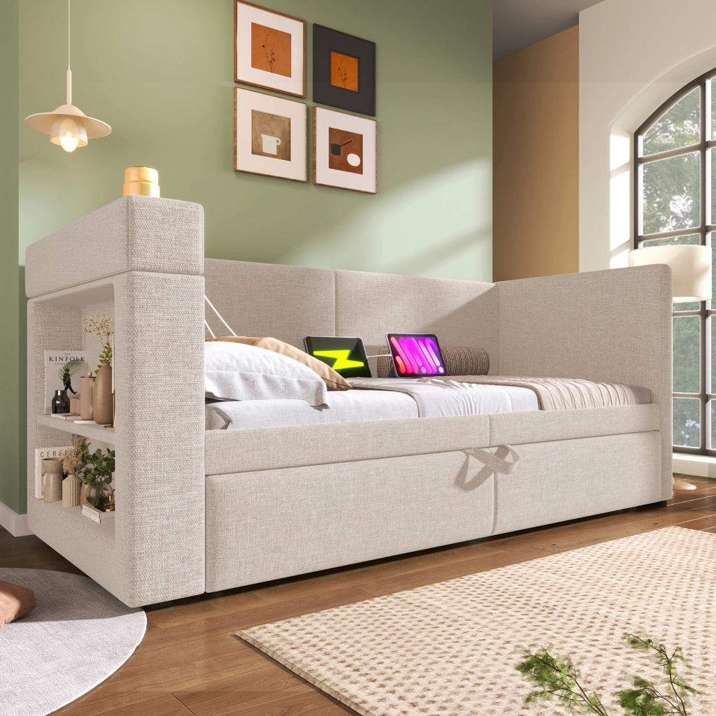 LETTO Divano 90x200 cm estraibile Beige in cotone e lino con USB e portabicchieri