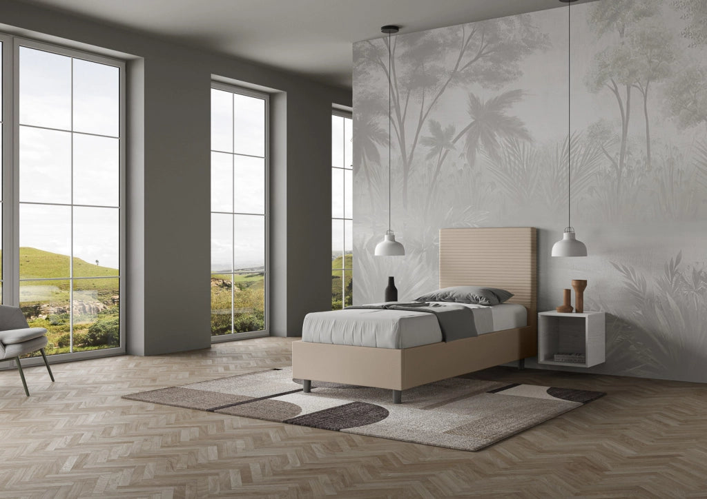 BS COM Letto singolo con rete imbottito 90x210 similpelle tortora