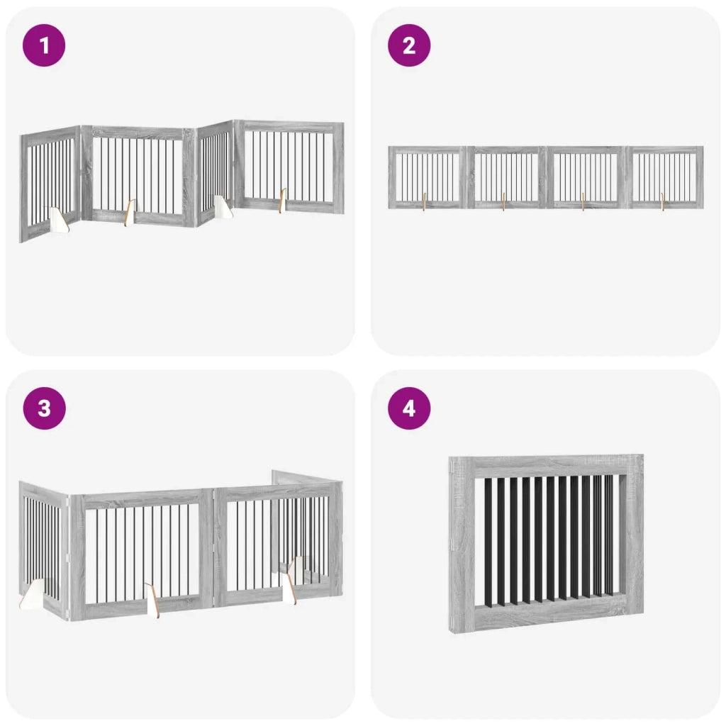 Cancello per cani pieghevole con supporti 4 pz Sonoma grigio 892064