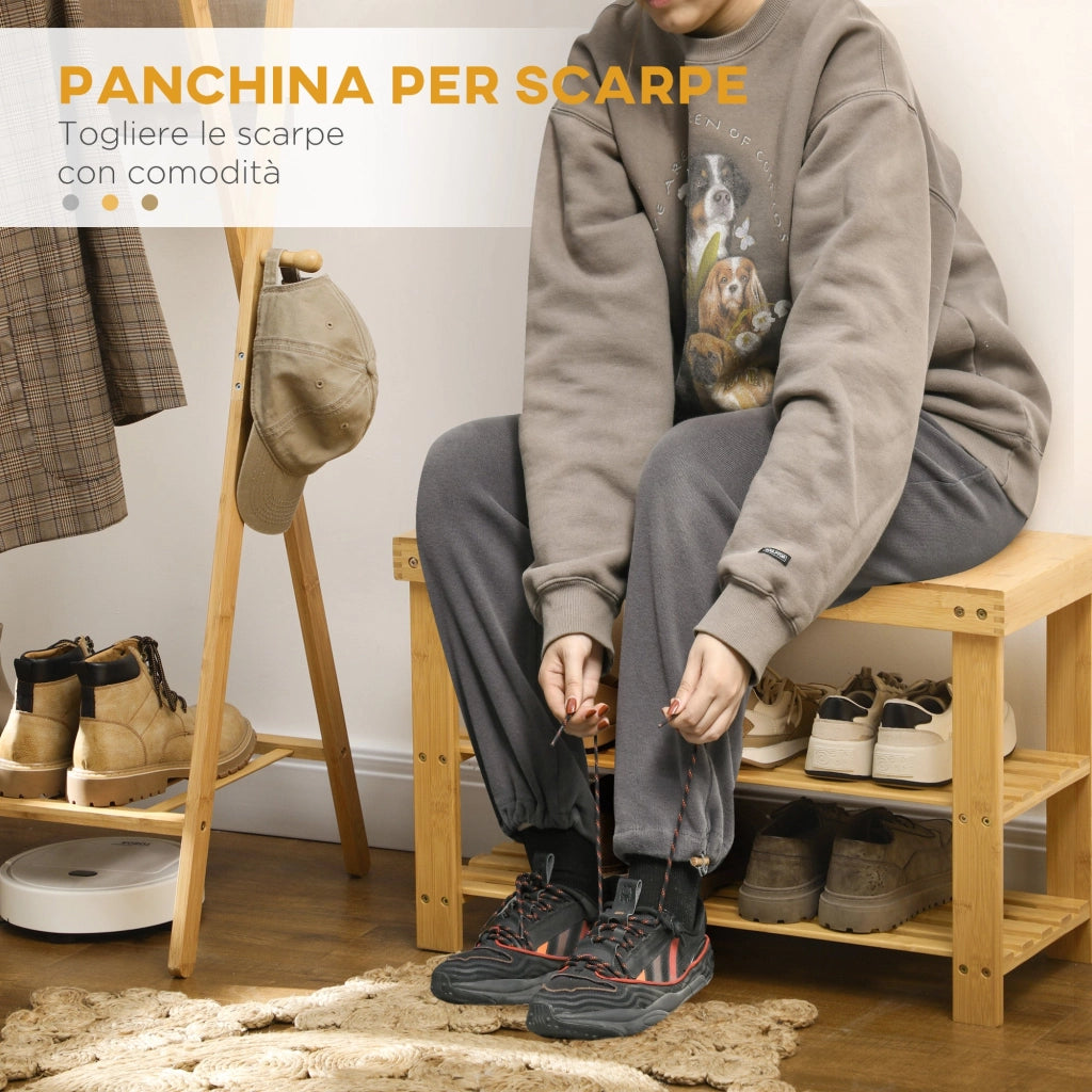 Panca Scarpiera 70x28x45 cm con 2 Ripiani a Doghe e Seduta in Bambù