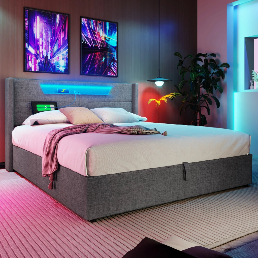 LETTO imbottito 160x200 cm in tessuto grigio con LED e porte USB Type C