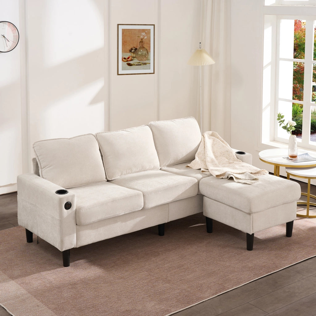 Divano letto imbottito 3 posti - Zephmum- USB e Type-C, porta bevande, forma L, beige