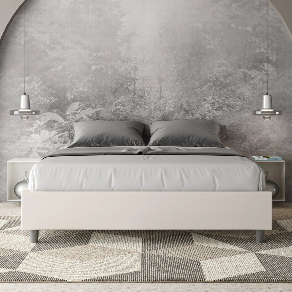 BS COM Letto matrimoniale francese con rete imbottito 140x190 similpelle bianco