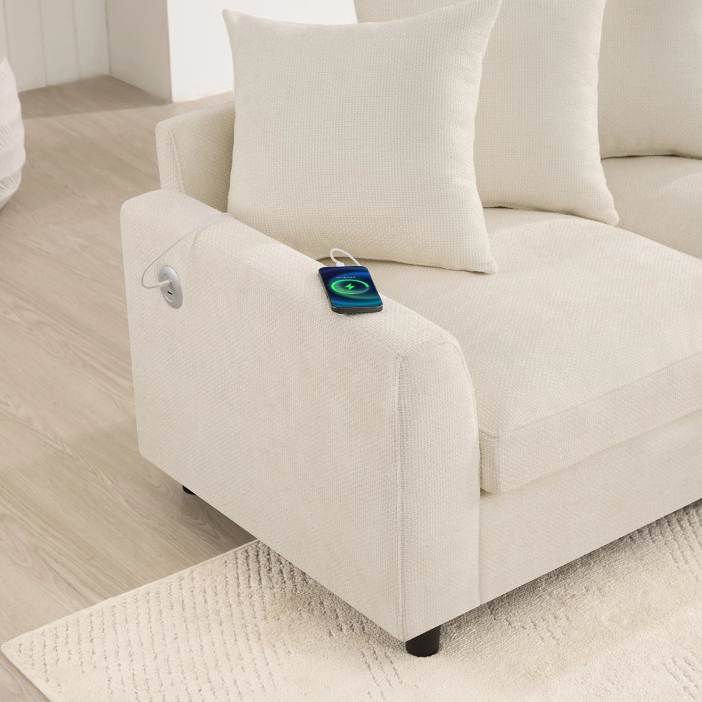 Sofa modulare angolare 6 posti in tessuto chenille beige con USB e Type-C; 283 cm