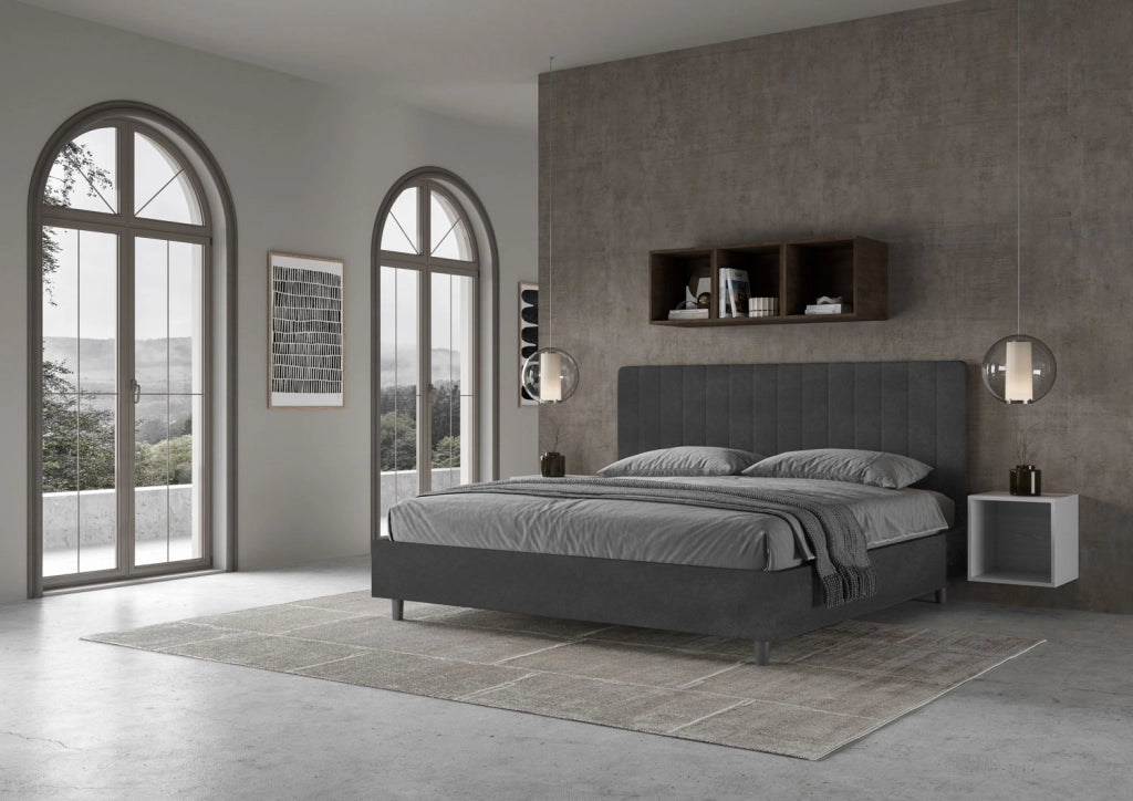 BS COM Letto matrimoniale king size contenitore imbottito 200x210 microfibra grigio