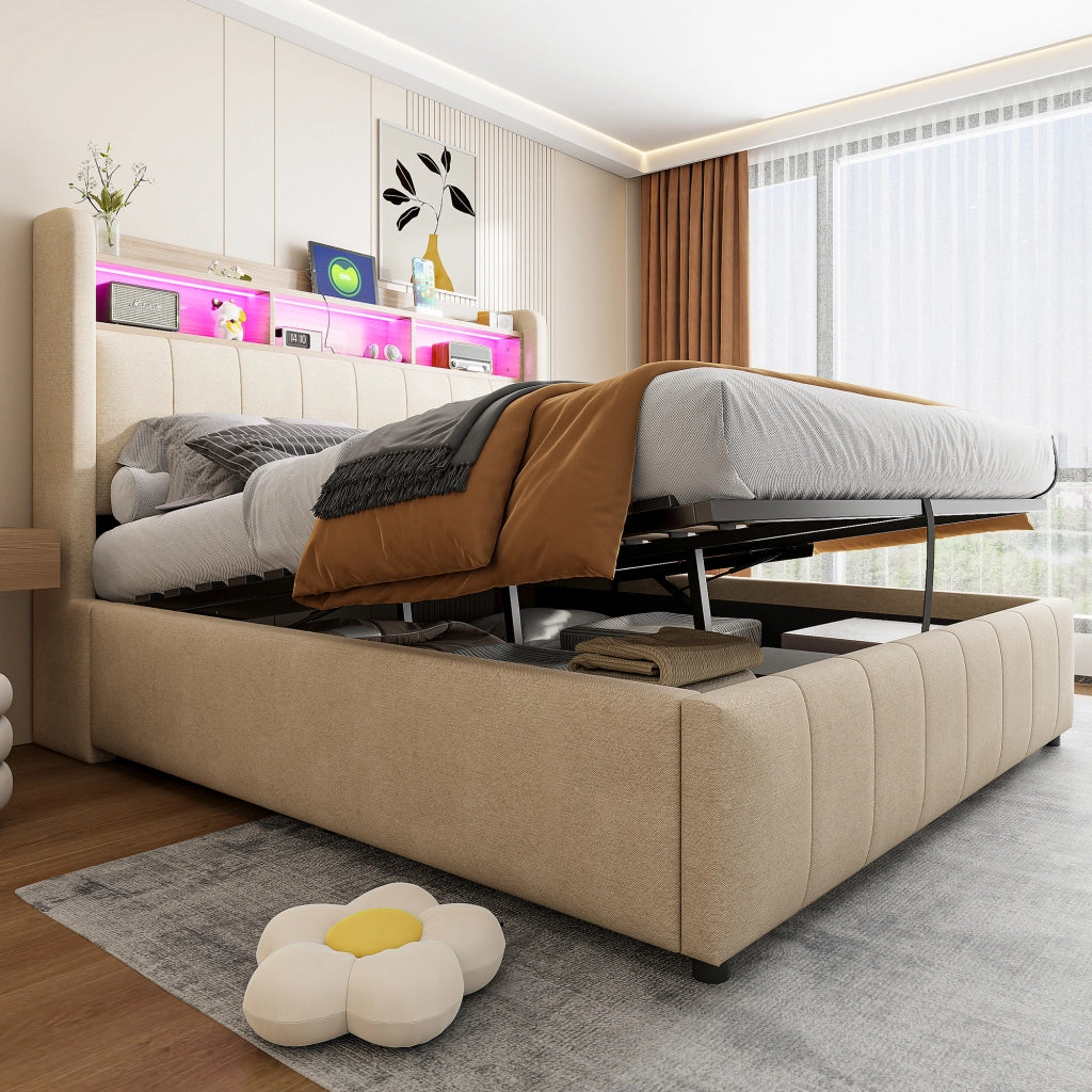 LETTO imbottito 140x200 cm Beige con LED, USB, porta Type-C e contenitore idraulico