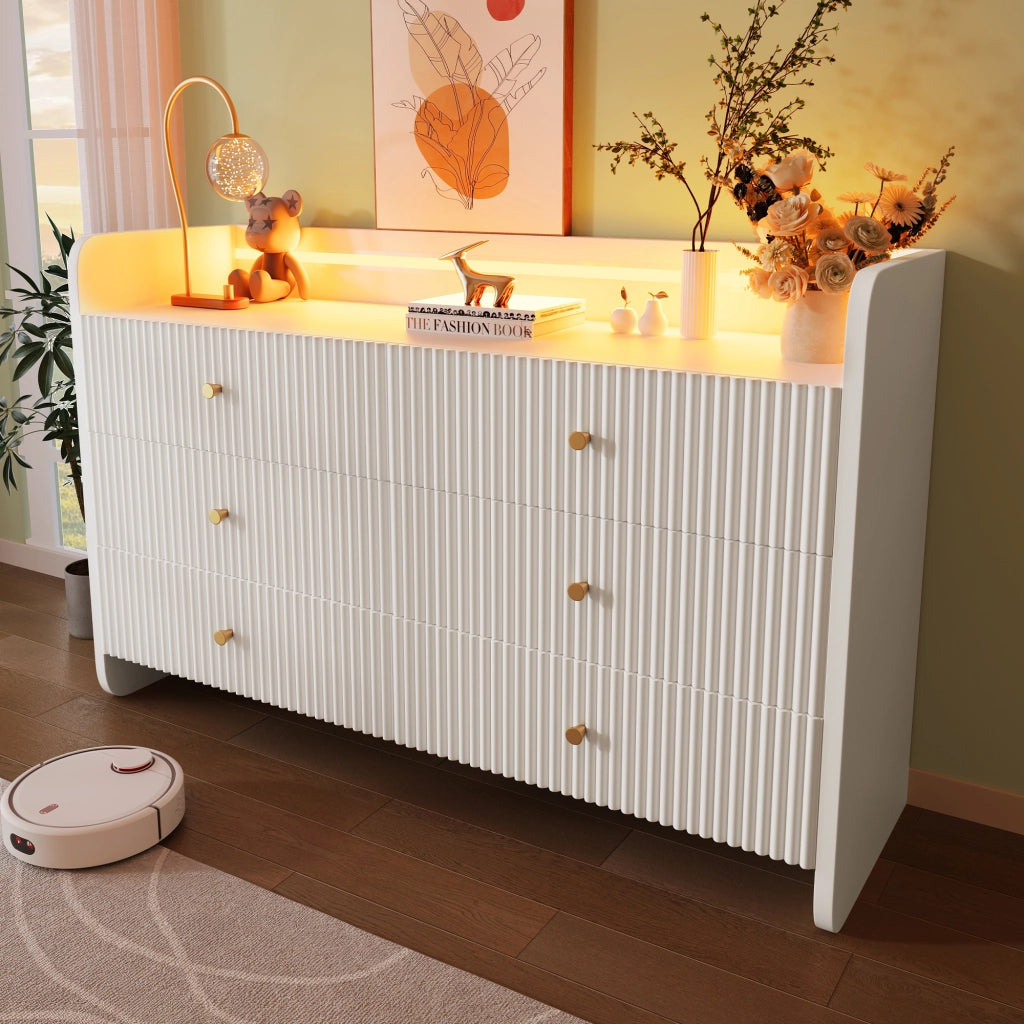 CREDENZA con LED, 120x40x75 cm, bianco, 6 cassetti