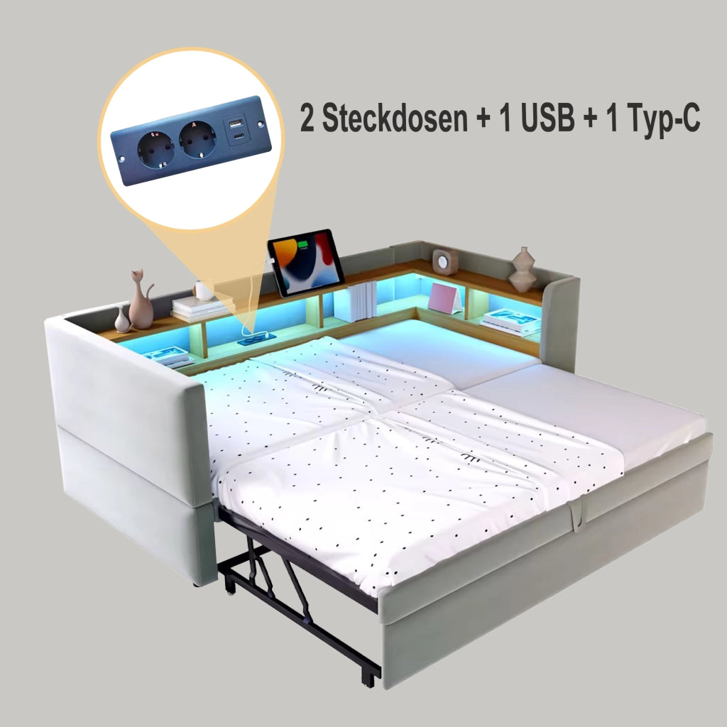 DIVANO LETTO Estraibile 90/180 x 190 cm Grigio Chiaro con LED e prese