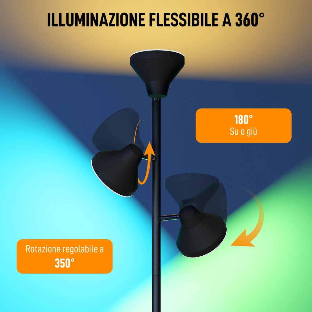 Lampada da Terra con 3 Teste Regolabili ¨C Xylo ¨C Telecomando Timer Acciaio Plastica ?25x170cm Nero