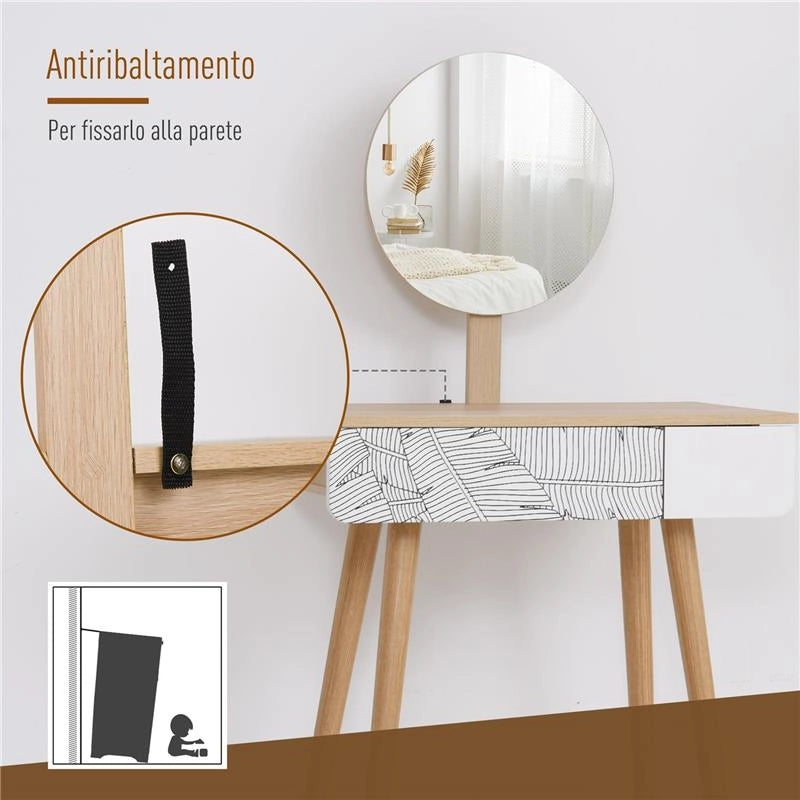 TAVOLO DA TRUCCO CON SPECCHIO TONDO E CASSETTO CON DECORAZIONE JUNGLE BIANCO E ROVERE