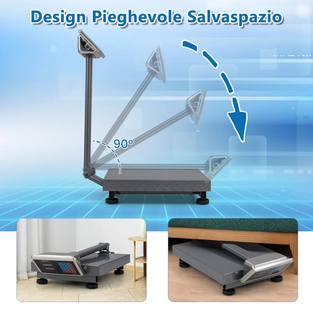 Bilancia Digitale a Piattaforma 300 kg, Bilancia a Pavimento con Calcolatrice Integrata, Conversione Unità LB/KG, per Negozio Azienda Fabbrica (Argento)