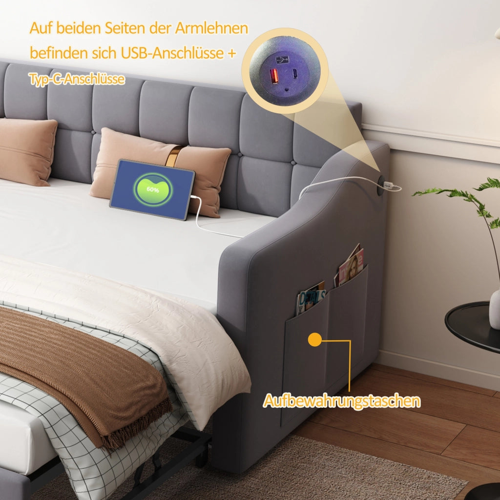 LETTO Estraibile 90x190 cm in Velluto Grigio con porte USB