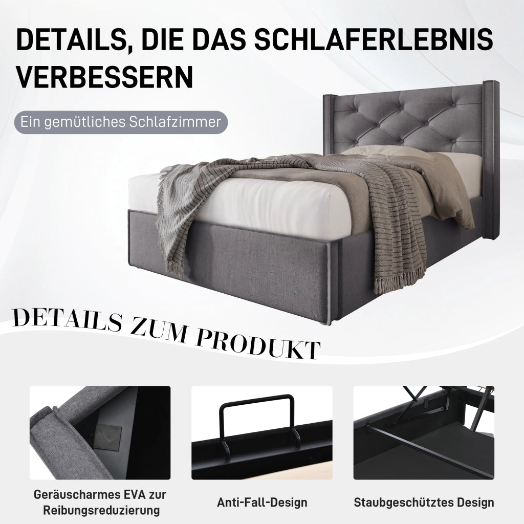 LETTO Imbottito con contenitore 90x200 cm Cotone Grigio