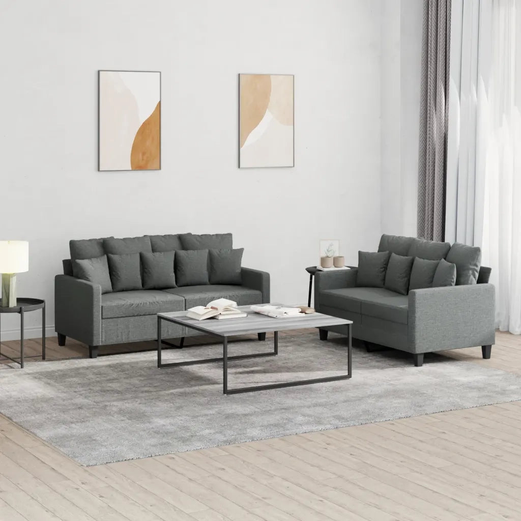 Set di Divani 2 pz con Cuscini Grigio Scuro in Tessuto