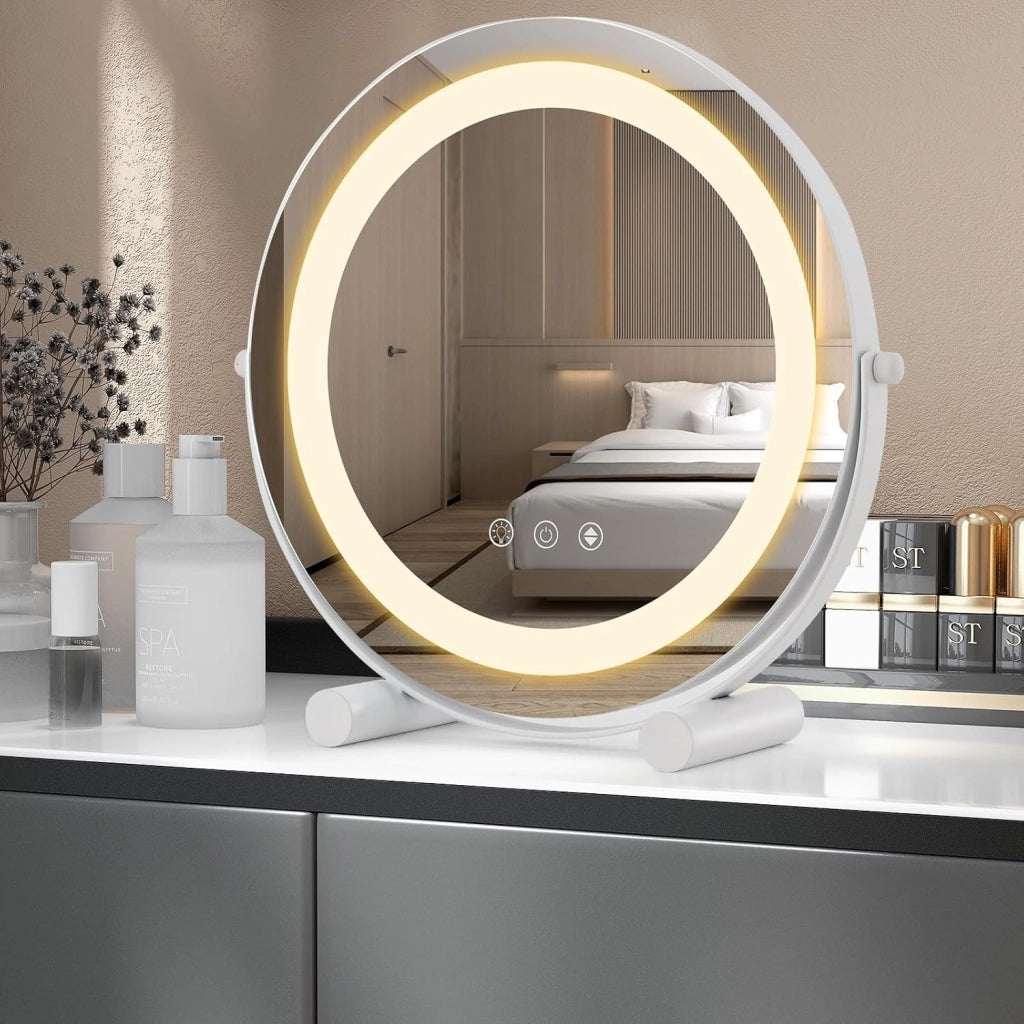 Specchio da Trucco con Luci, Specchio Rotondo con Luminosità Regolabile a 3 Colori, Controllo Tattile Intelligente, Rotazione a 360° e Funzione di Memoria, 30 CM