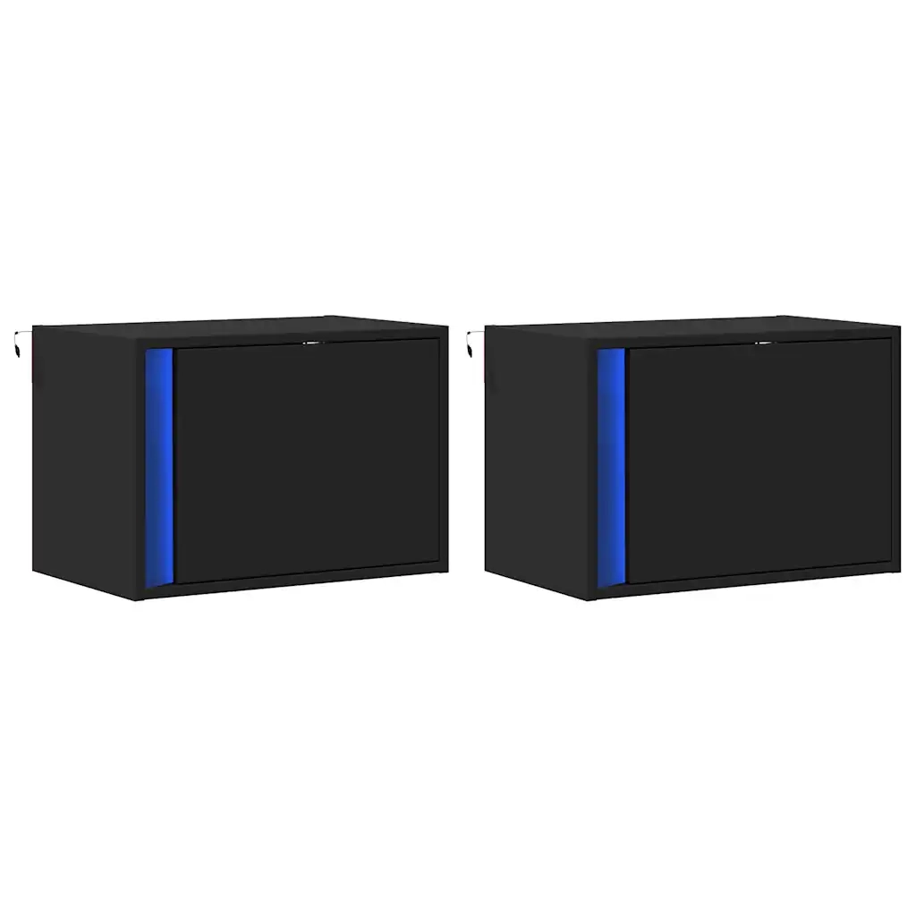 Set di 2 Comodini | Armadio da Notte | Mobiletto da notte a Parete con Luci LED Neri