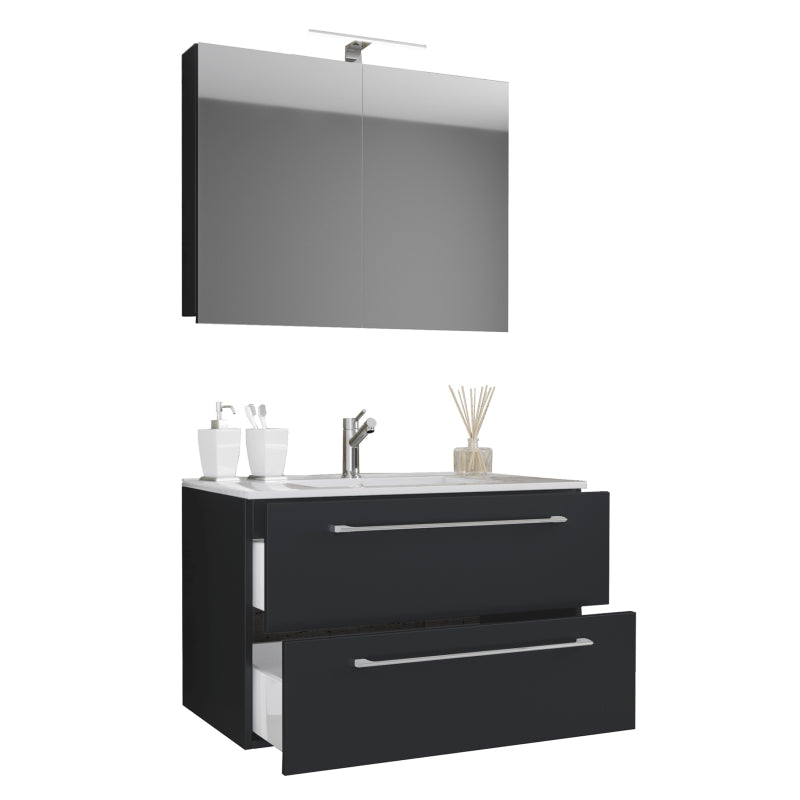 Completo di Ezooza Mobile Sospeso con 2 cassetti Extra Large con lavabo in ceramica di alta qualità e mobile specchio, Nero ,