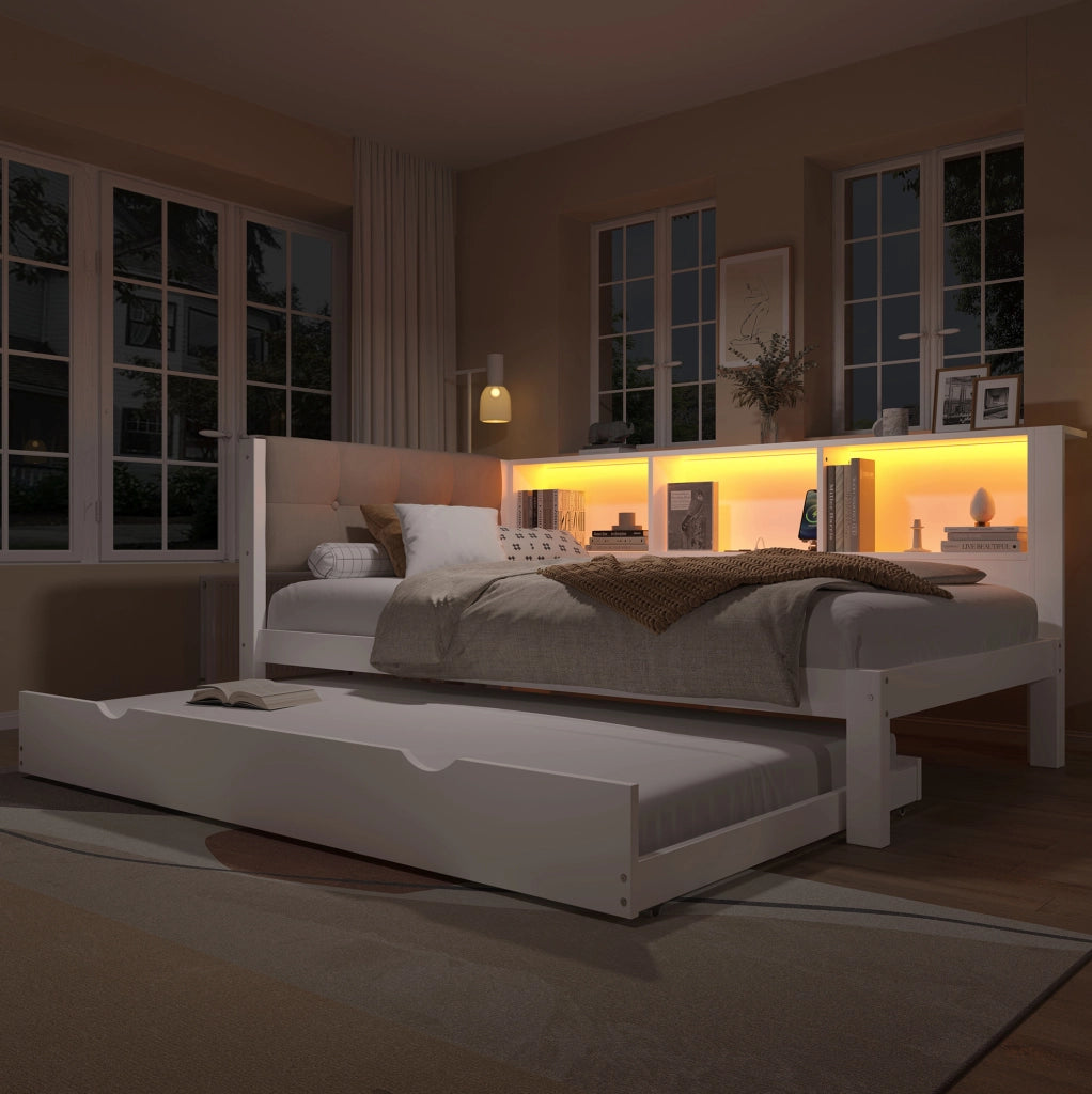 Letto daybed estraibile in pino bianco con LED, USB e ripiani laterali