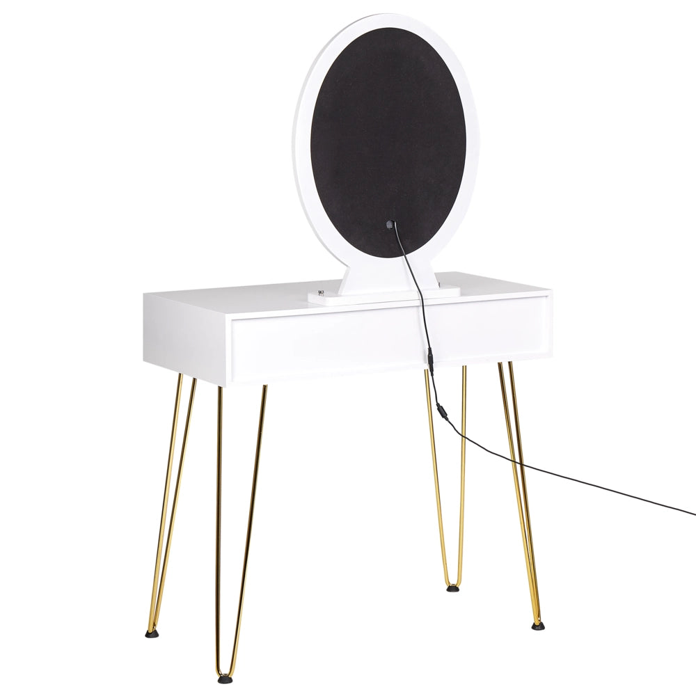 Toeletta con 2 cassetti specchio LED bianco e oro e sgabello camera da letto elegante
