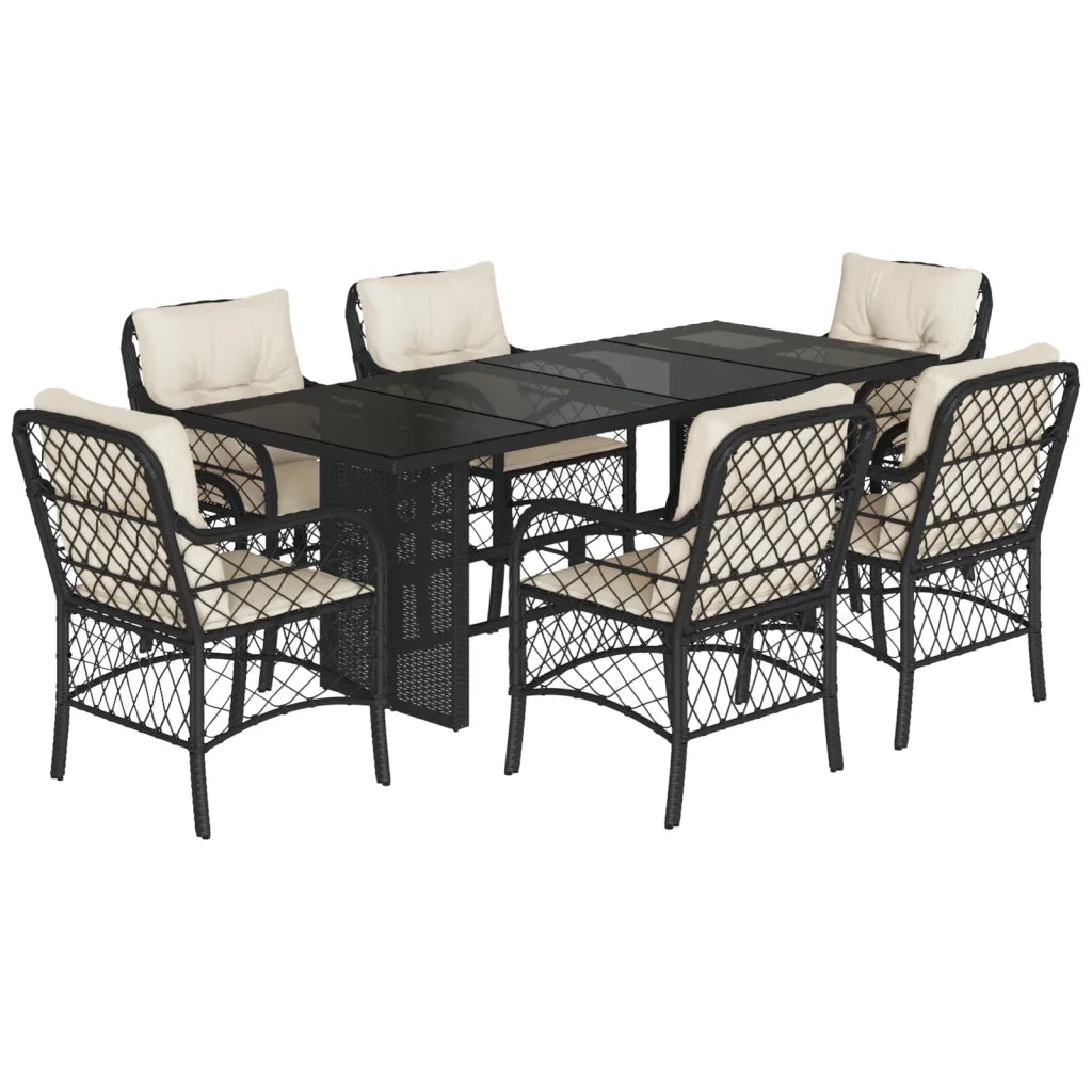 Set da Pranzo da Giardino 7 pz Nero con Cuscini in Polyrattan 3212054