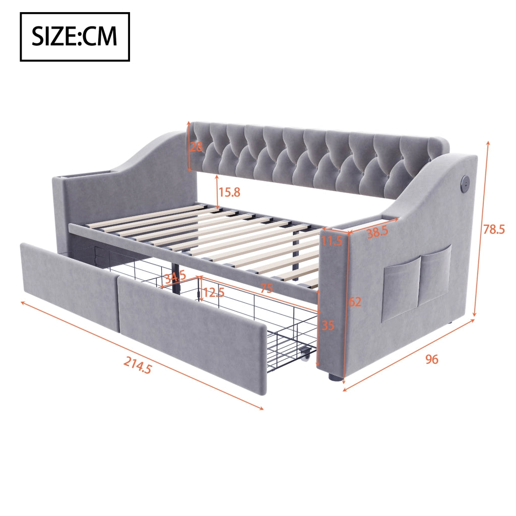 Letto imbottito trasformabile 90x190 cm in velluto con contenitore, USB e cassetti, grigio chiaro