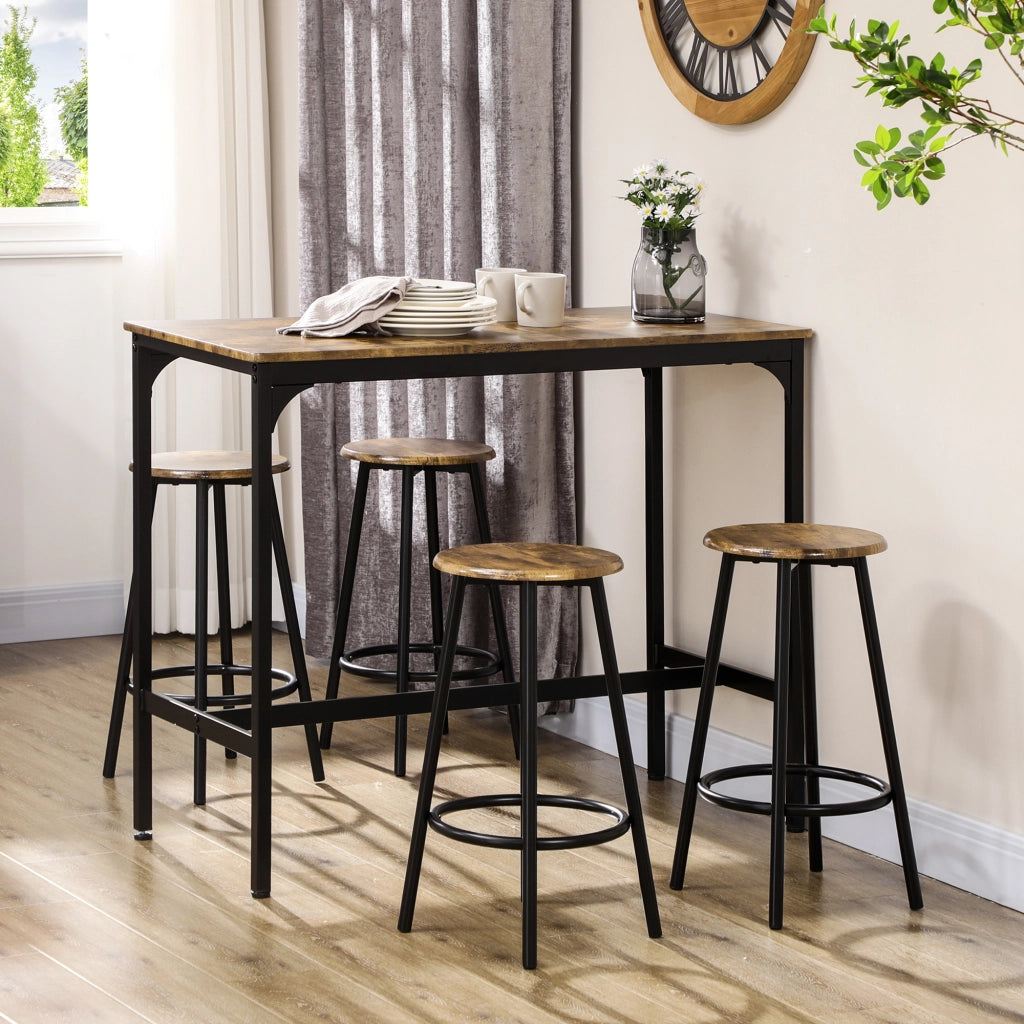 Set da Bar 5 pezzi con Tavolo alto e 4 Sgabelli Stile Industriale, Marrone e Nero