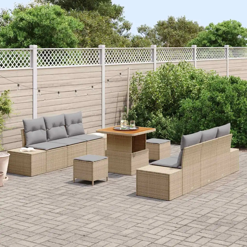 Set Divano da Giardino con cuscino 9 pcs Beige Poly Rattan