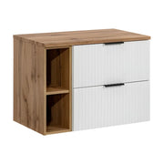 Set bagno NOXERA 80 cm – Mobile sospeso sottolavabo bianco opaco e quercia wotan con top per lavabo e 2 nicchie