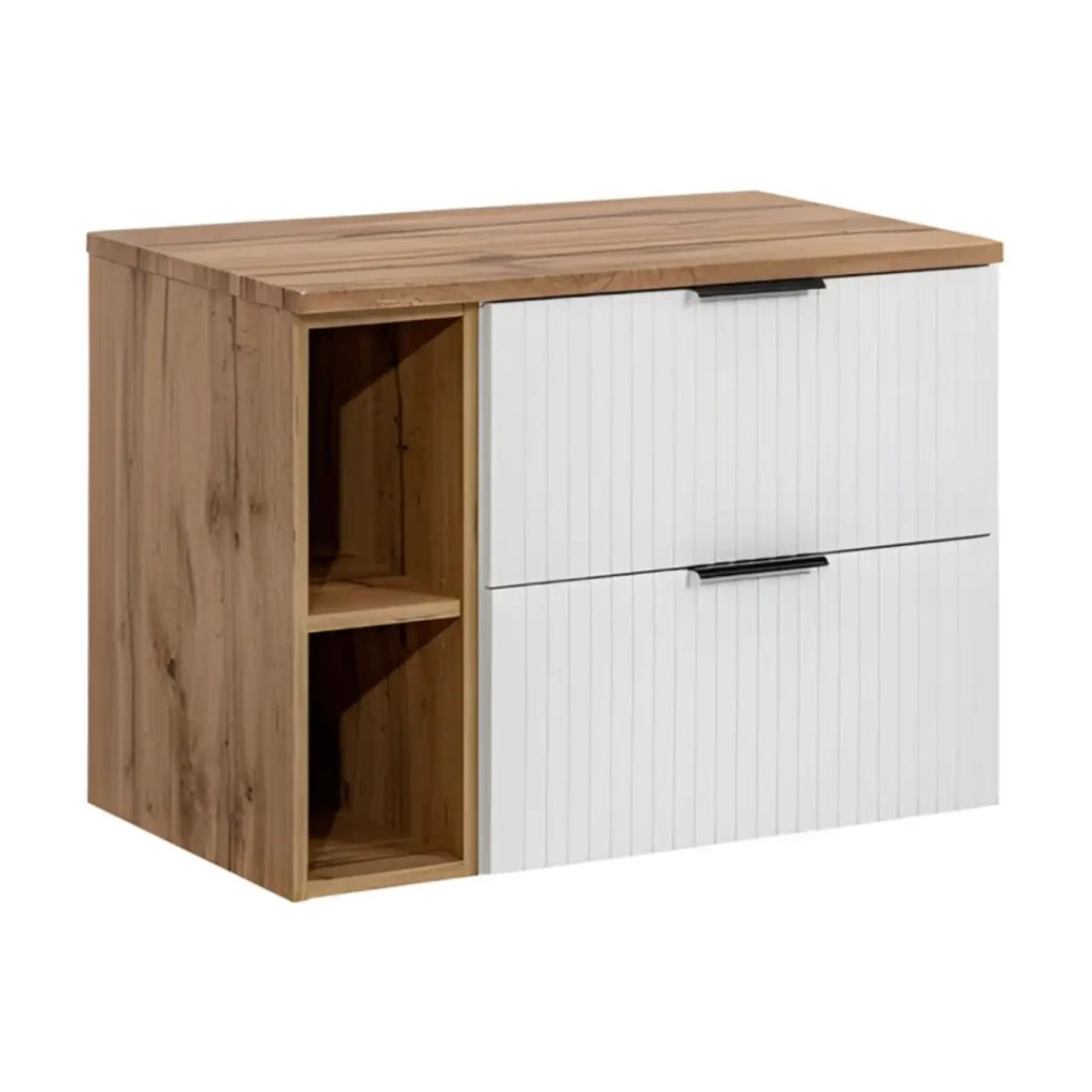 Set bagno NOXERA 80 cm – Mobile sospeso sottolavabo bianco opaco e quercia wotan con top per lavabo e 2 nicchie