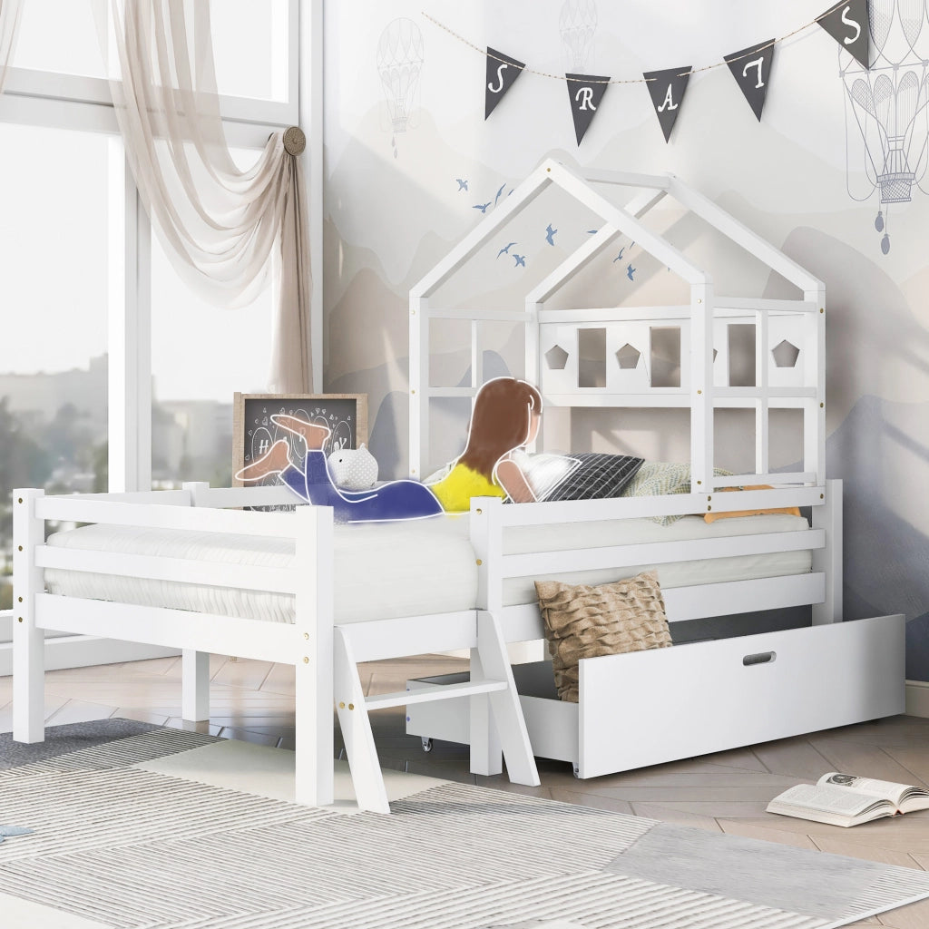 Letto a castello per bambini - Zephmum- Con scala e cassetti, 90x200cm, Bianco