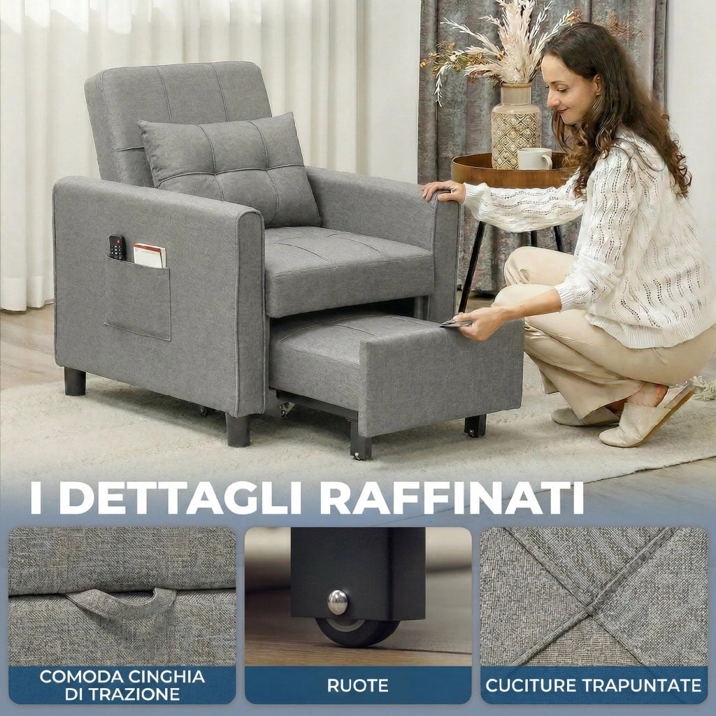 Divano Letto Pieghevole Convertibile con Schienale Regolabile e Cuscino. Grigio