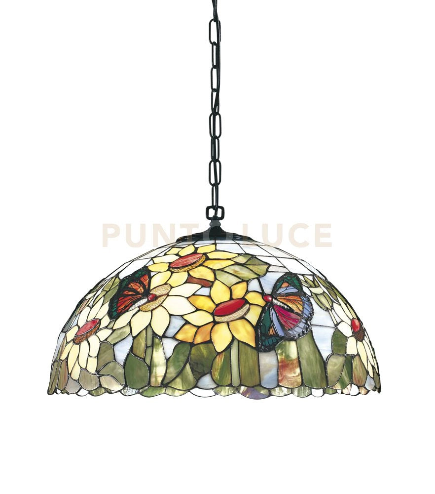 SOSPENSIONE CON PARALUME IN VETRO TIFFANY DECORATO D.45CM SUNFLOWER 1 LUCE ATTACCO E27