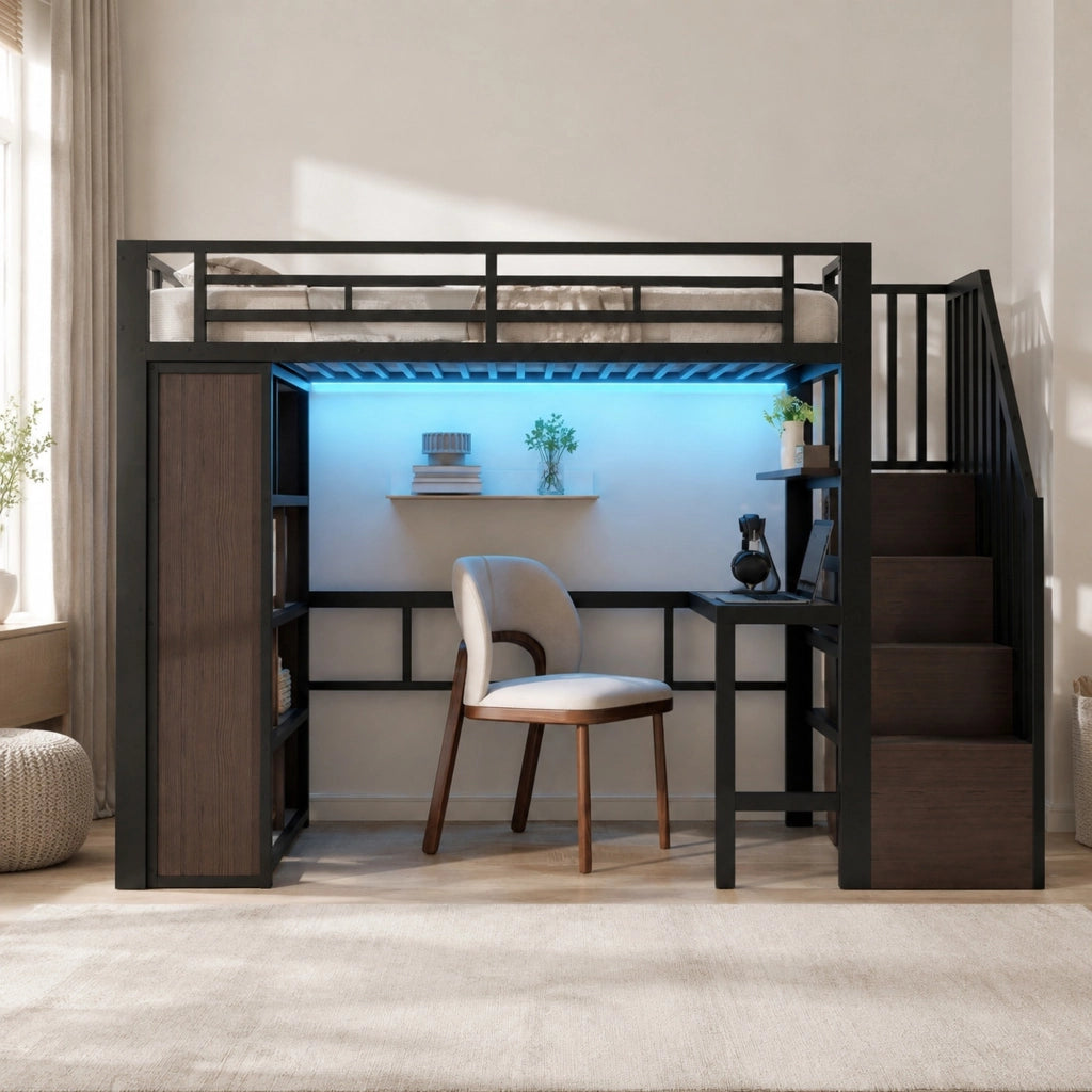 Letto a soppalco 90x200 cm con scrivania; ripiani; scala contenitore e LED; nero