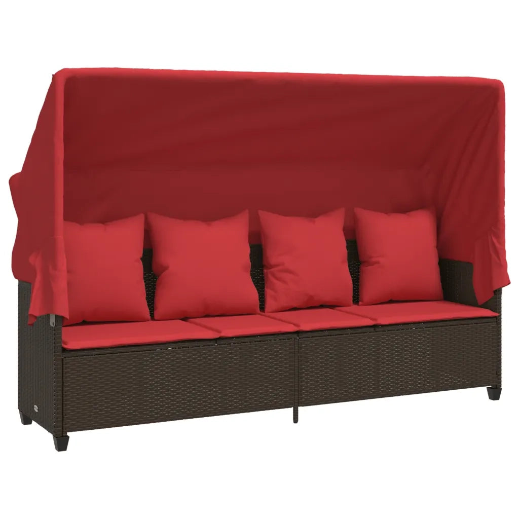 Lettino Prendisole con Baldacchino e Cuscini Marrone Polyrattan 368359