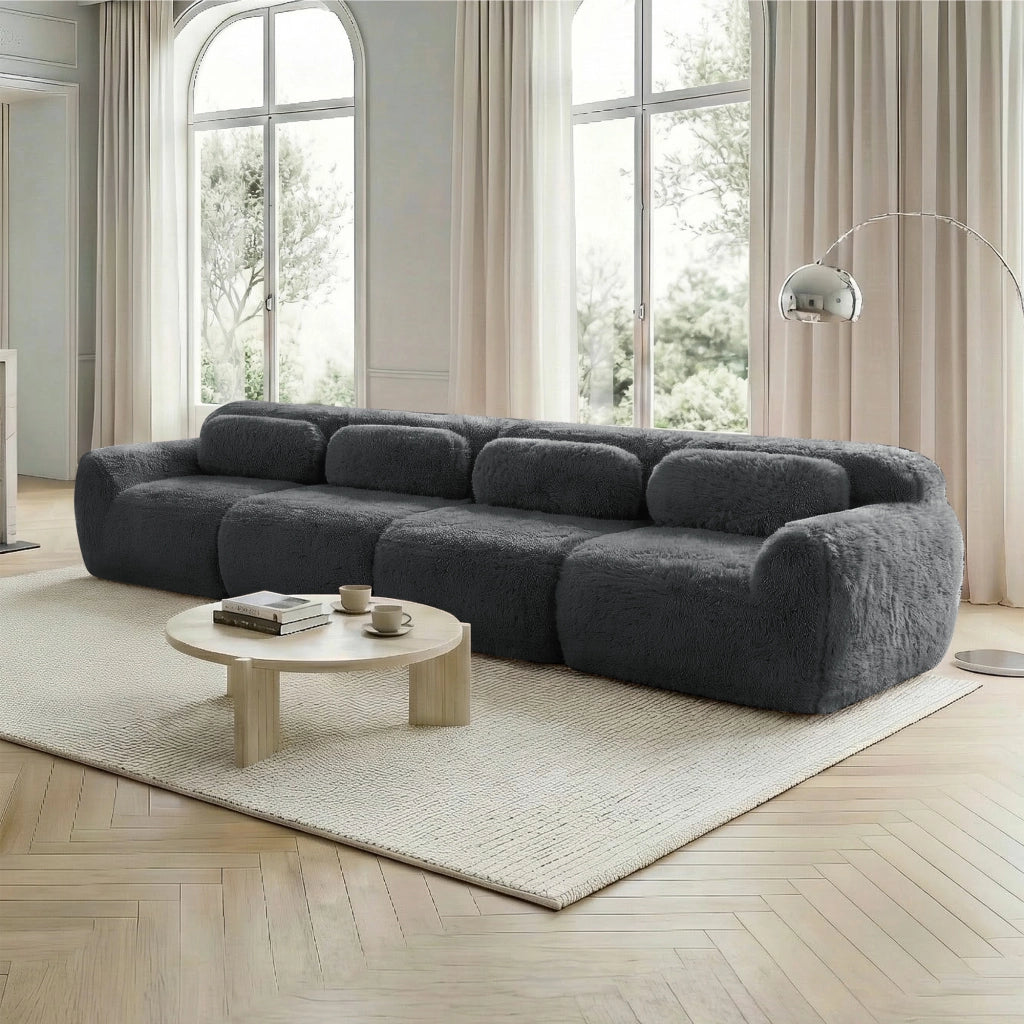 Sofa a 4 posti - Zephmum - Tessuto peluche premium, base antiscivolo, cuscini inclusi, schiuma elastica