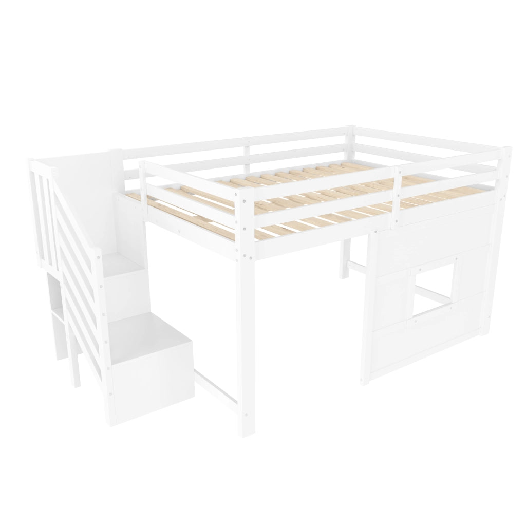 Letto a castello con scala e finestra - Zephmum- 140x200 cm, bianco