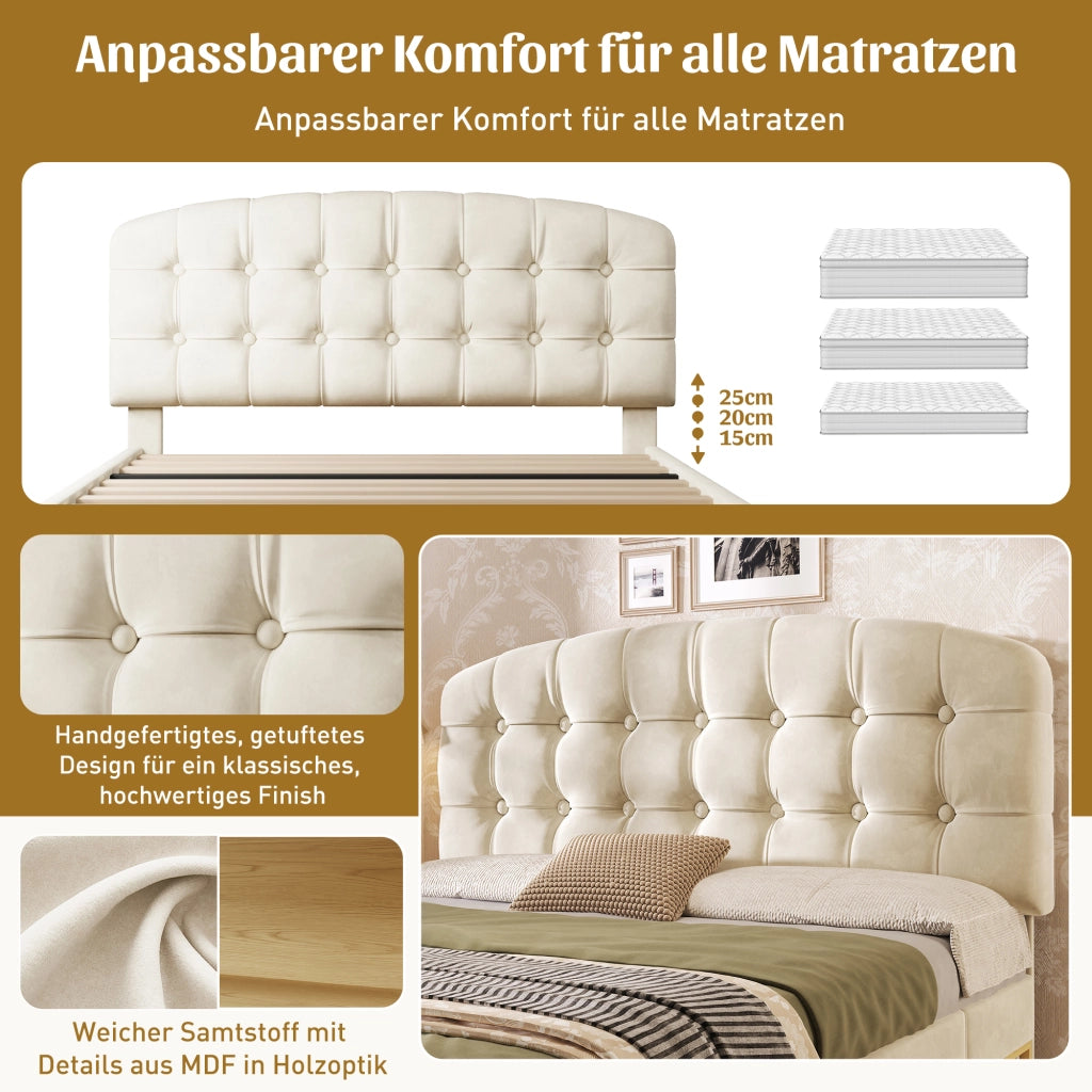 LETTO imbottito 140x200 cm in velluto beige con testiera regolabile e cassetti
