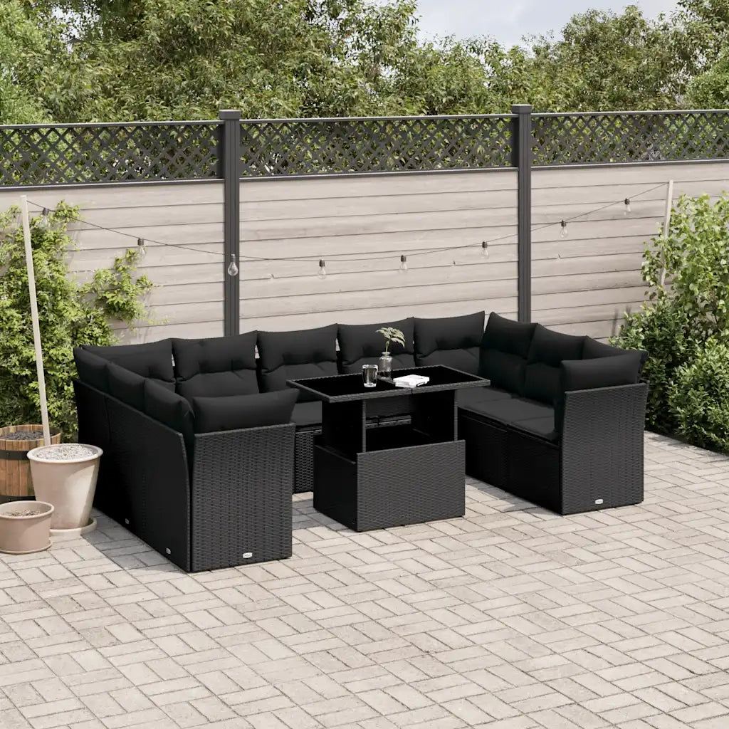 Set Divani da Giardino 10pz con Cuscini in Polyrattan Nero