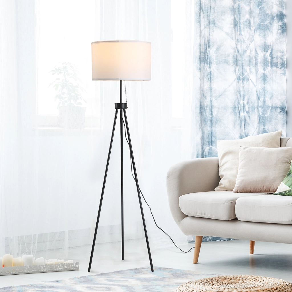 Lampada da Terra con Tripode in Metallo e Paralume in Tessuto ¨C Minimal ¨C ?37x152 cm