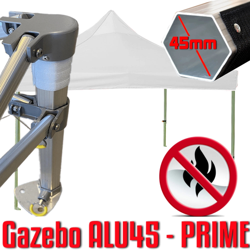 Gazebo 3x3 m bianco certificato IGNIFUGO SENZA laterali pieghevole alluminio piantone esagonale 45mm portatile estendibile richiudibile estensibile acciaio per fiere eventi stand chiosco tenda tendone mercato mercatino