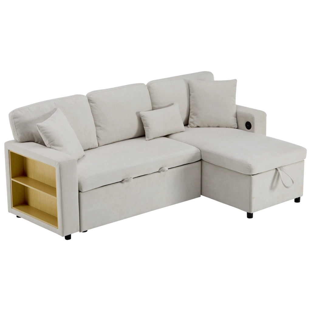 Divano letto angolare 3 posti con USB, contenitore e 3 cuscini, beige