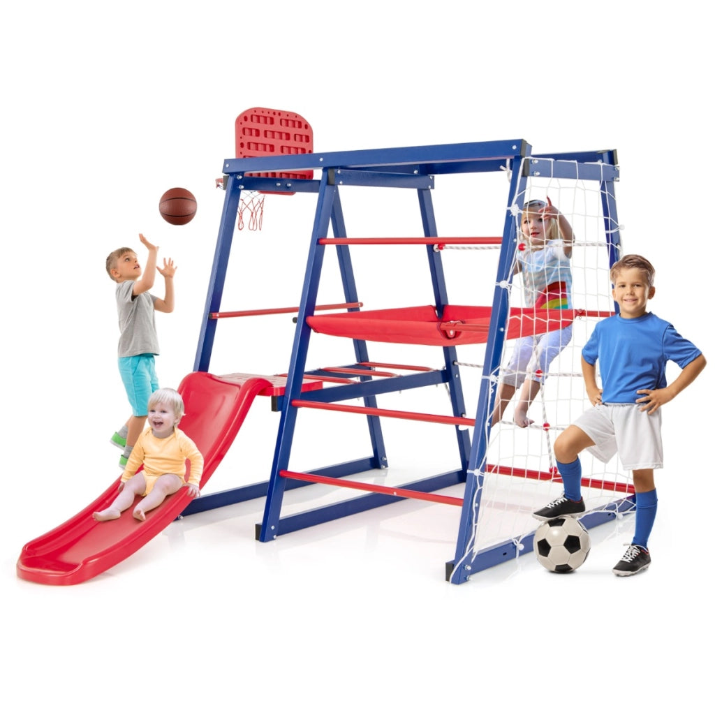 7-in-1 Parco giochi con scivolo e rete scala rampicante e scala di corda, Giochi arrampicata in legno per 3-4 bambini 150x142x146cm
