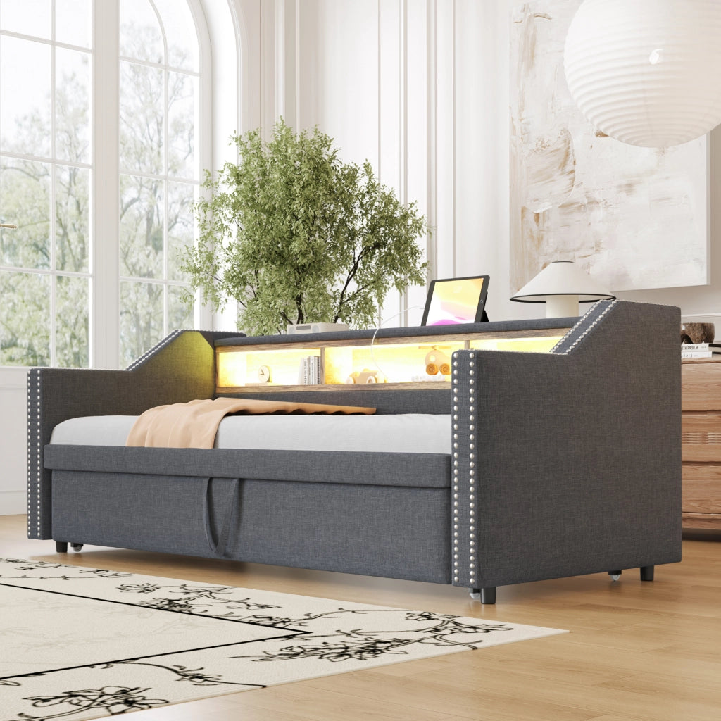 Letto sofa estraibile imbottito in juta 90/180x190 cm