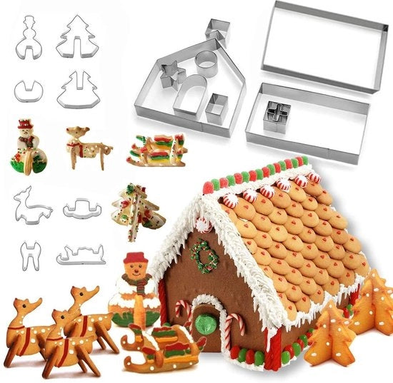 Set a forma di biscotto 18 pezzi - Forme biscottiere 3D - Decorazioni per Natale - Casa di peperoncino - Sicuro per bambini - In acciaio inossidabile - Formine per biscotti